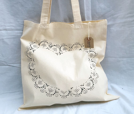 A Natural Cotton Tote Shoulder Bag with Heart Design in Black