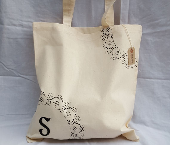 A Natural Cotton Tote Shoulder Bag with Initial(s) Design in Black