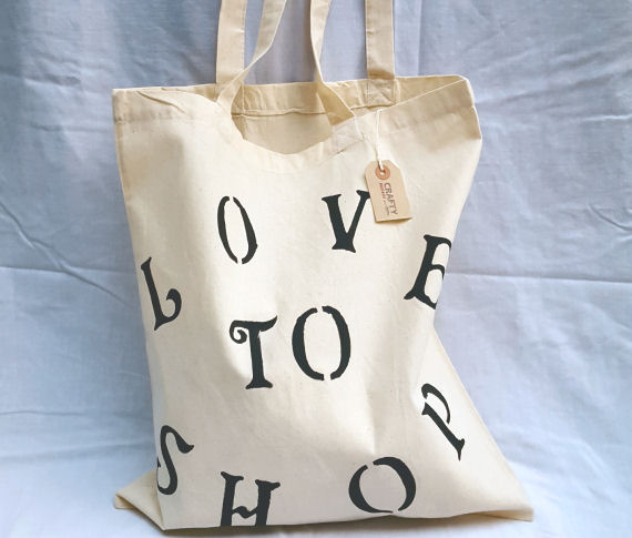 Natural Cotton Tote Shoulder Bag with 'Love To Shop' Design in Black
