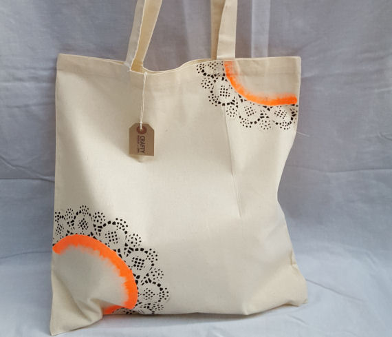Natural Cotton Tote Shoulder Bag with an Orange & Black Design