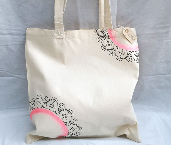 Natural Cotton Tote Shoulder Bag with a Pink & Black Design