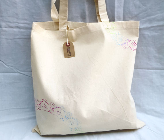 Natural Cotton Tote Shoulder Bag with Rainbow Effect Design