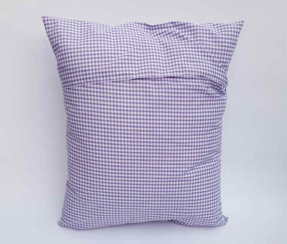 A Handmade Lilac Gingham Cushion with White Lace and an Envelope Style Reverse