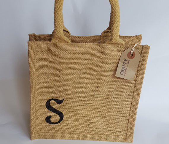 A Natural Hessian Jute Lunch Bag with Initial Design