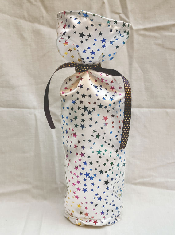 Multi-Colour Star Design White Satin Bottle Bag