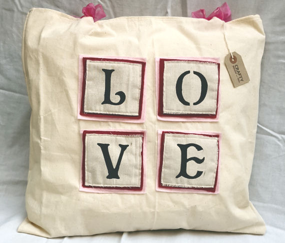 Natural Calico Love Patch Design Cushion with Bows 