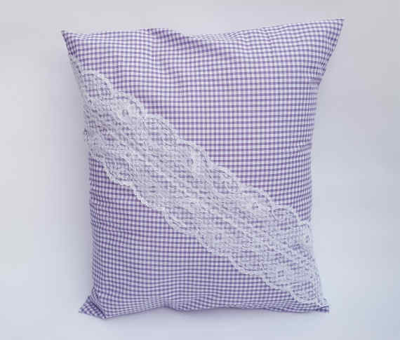 A Handmade Lilac Gingham Cushion with White Lace and an Envelope Style Reverse